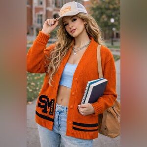 Vtg Whiting Los Angeles Sweater Cardigan Orange Wool SM Karen Patch Size M/L